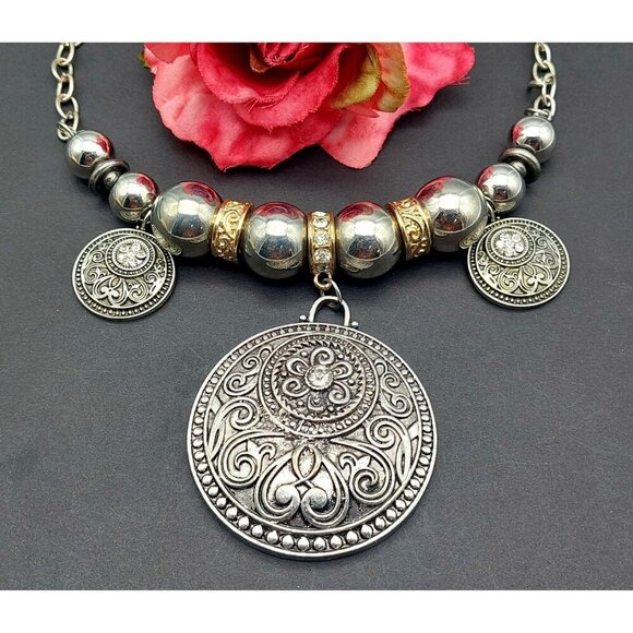 Chunky Silver Tone Beaded Statement Large Pendant Necklace Rhinestone Accents 18 - Picture 1 of 10